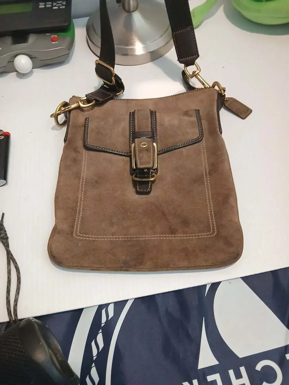 Coach Suede Crossbody Bag Brown Leather Trim